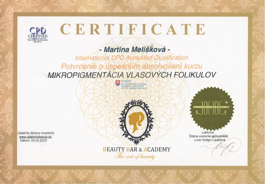 Certifikát – Mikropigmentácia vlasových folikulov