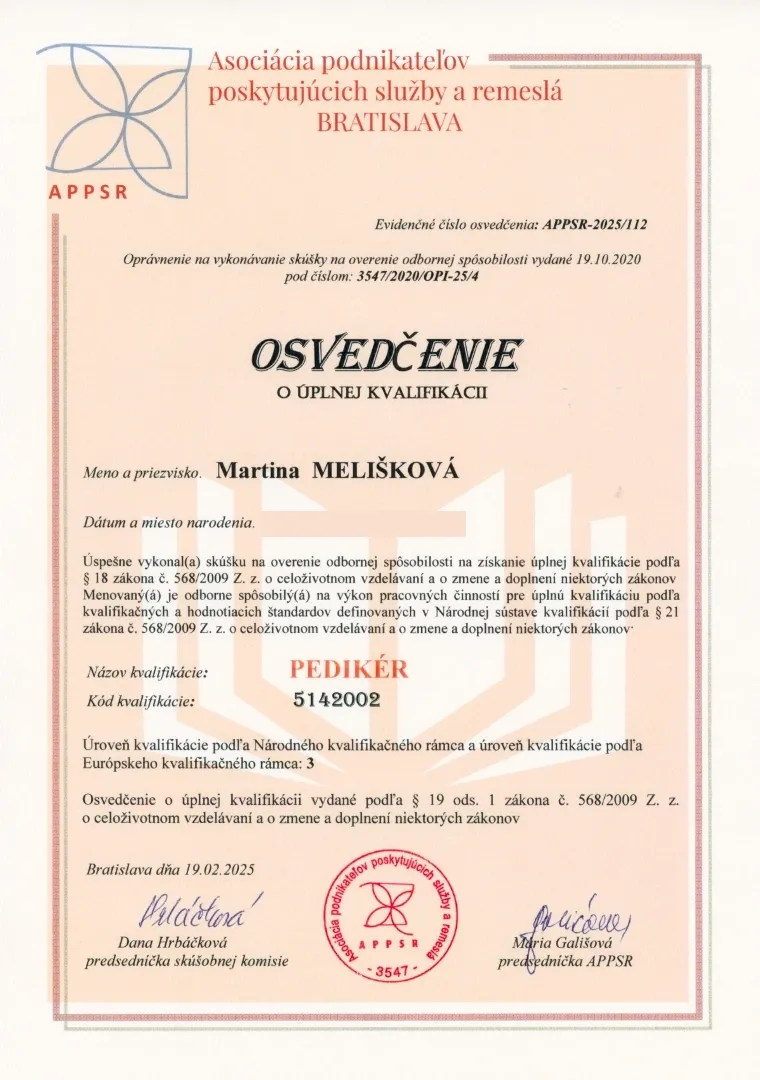 Certifikát – Pedikér