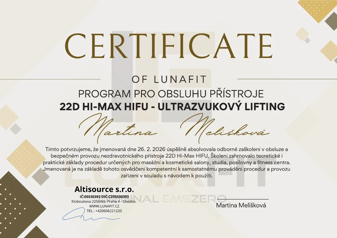 Certifikát – Program pro obsluhu přístroje 22D Hi-Max HIFU - ultrazvukový lifting