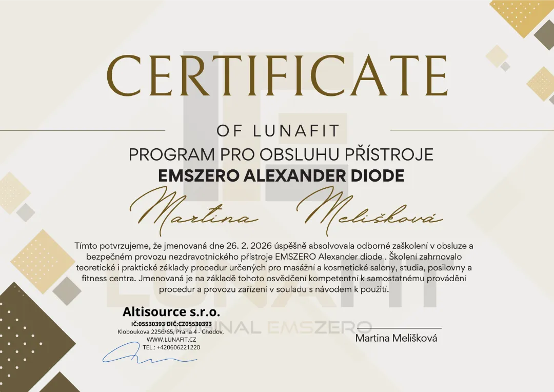 Certifikát – Program pro obsluhu přístroje EMSZERO Alexander Diode
