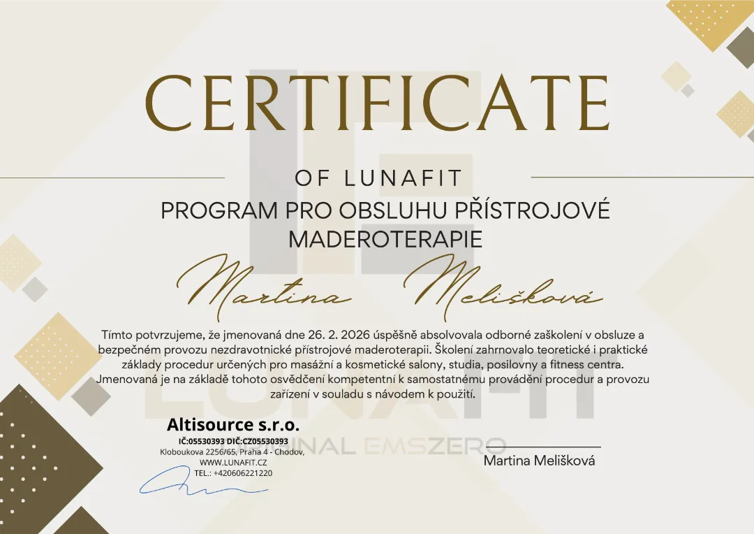 Certifikát – Program pro obsluhu přístrojové maderoterapie